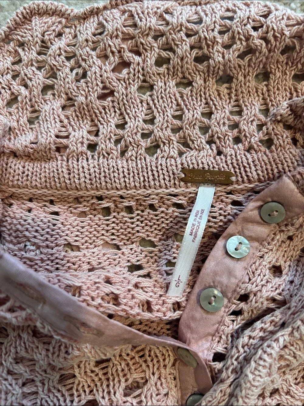 Free People Delicate Pink Crochet Long-Sleeve Sweater Top